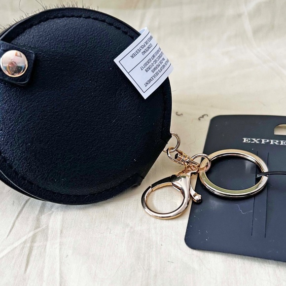 POM POM FOR PURSE OR ELSEWHERE, RABBIT FUR, BLACK WITH MIRROR ATTACHED, - Picture 2 of 3